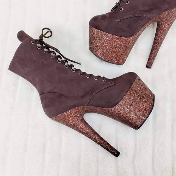 Mocha Brown Faux Suede Glitter Platform High Heel